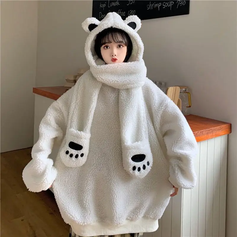 Kawaii Bear Hooded Sweater Women's College Wind Hooded Scarf Cute Bear Gloves One Detachable Lamb Plush Sweater Women Clothes