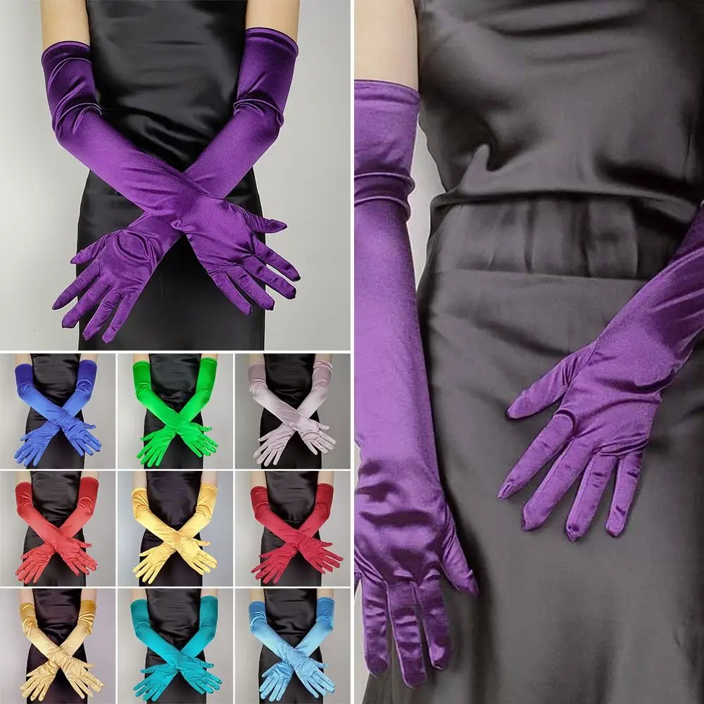 New Women's Elegant Long Satin Glove Candy Color Elastic Photograph Party Glove 55CM Vintage Sunscreen Driving Glove Women