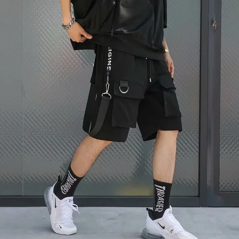 Japanese Harajuku Men Shorts Techwear Summer Fashion Streetwear Cargo Shorts for Men Joggers Ribbons Design Sport Baggy Clothes