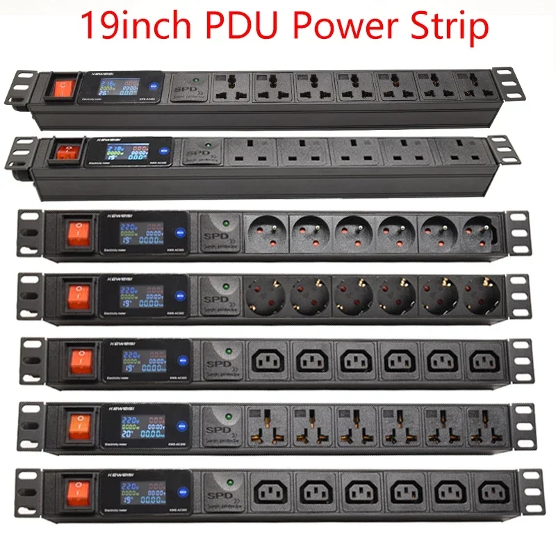 19Inch PDU Power Strip Cabinet Rack Mount Digital Voltmeter Ammeter Wattmeter EU/US/UK C13/Universal Outlet Surge protection