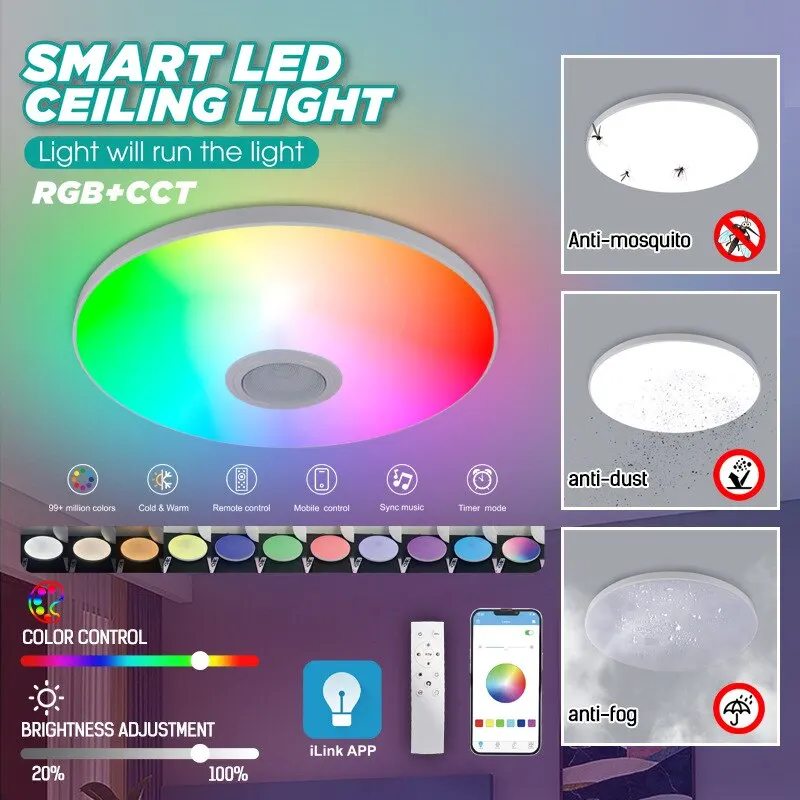 New RGB Colorful LED Round Ceiling Light Smart APP Dimmable Tri-proof Light With Speaker for Bedroom Kitchen Living Room Party