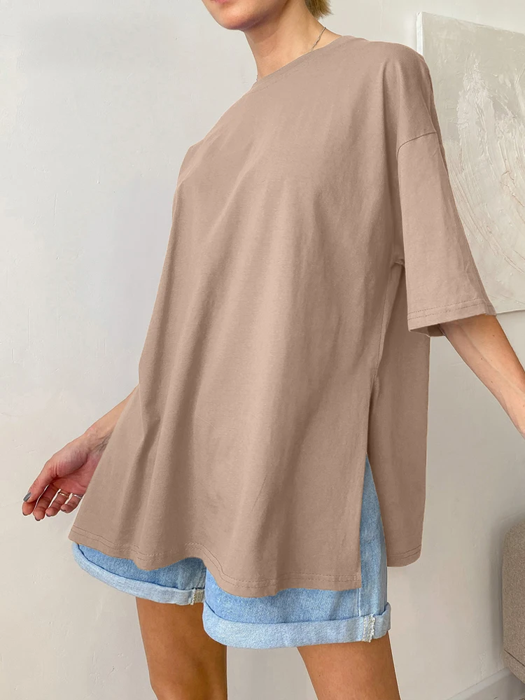 Hirsionsan Summer Oversized Cotton T Shirt Women New Loose Solid Split Tees Casual Basic Tshirt Short Sleeves Female Tops