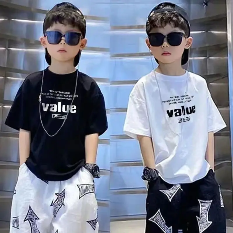 Letters Print Children Cotton T-shirt Boys Girls High Quality Fashion Sporty T Shirt Kids Summer Black White Child Clothing