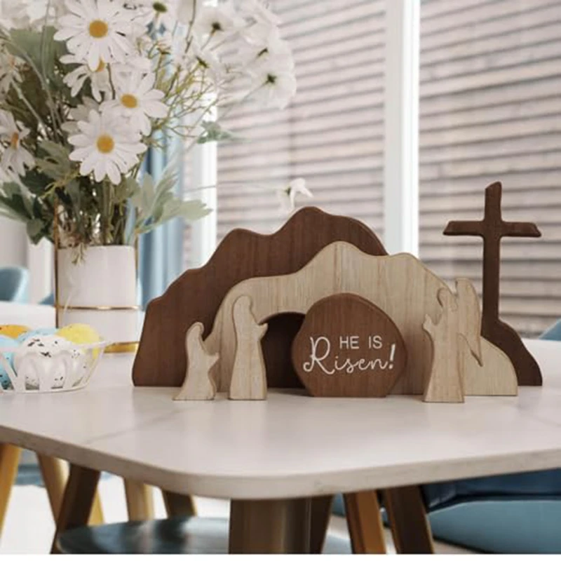 Wooden Empty Tomb Scene Spring Easter Decorations Jesus Nativity Resurrection Figurines Set With Wooden Cross For Home
