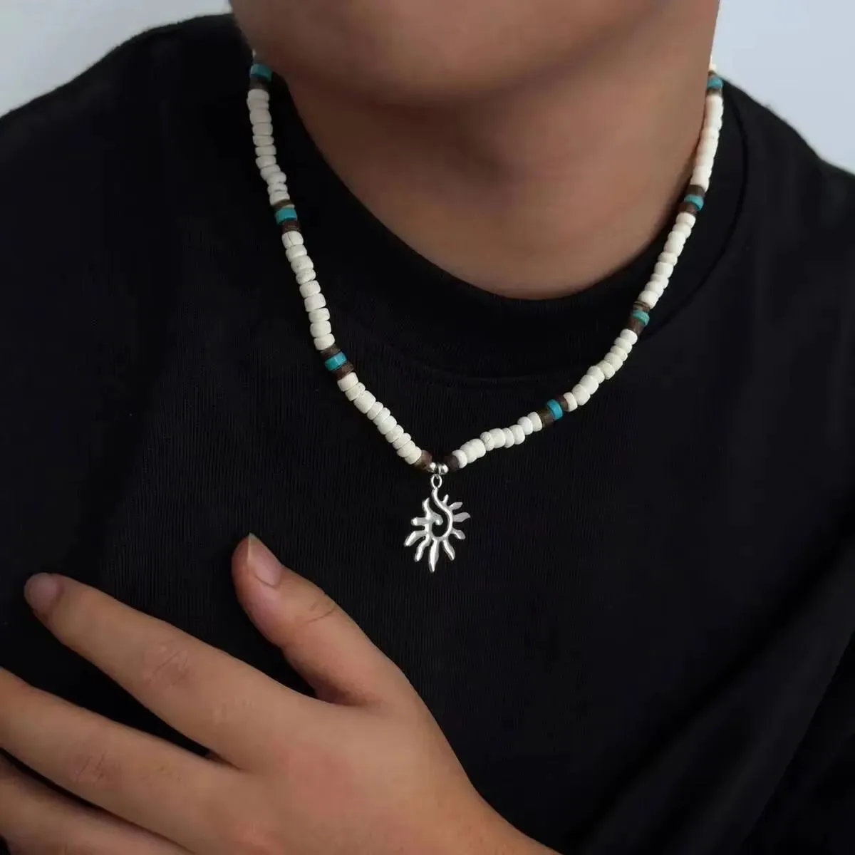 SHIXIN Minimalist White/Brown Wooden Bead Chain Choker Necklace for Men New Trendy Sun Pendant Necklace Male Jewelry Accessories