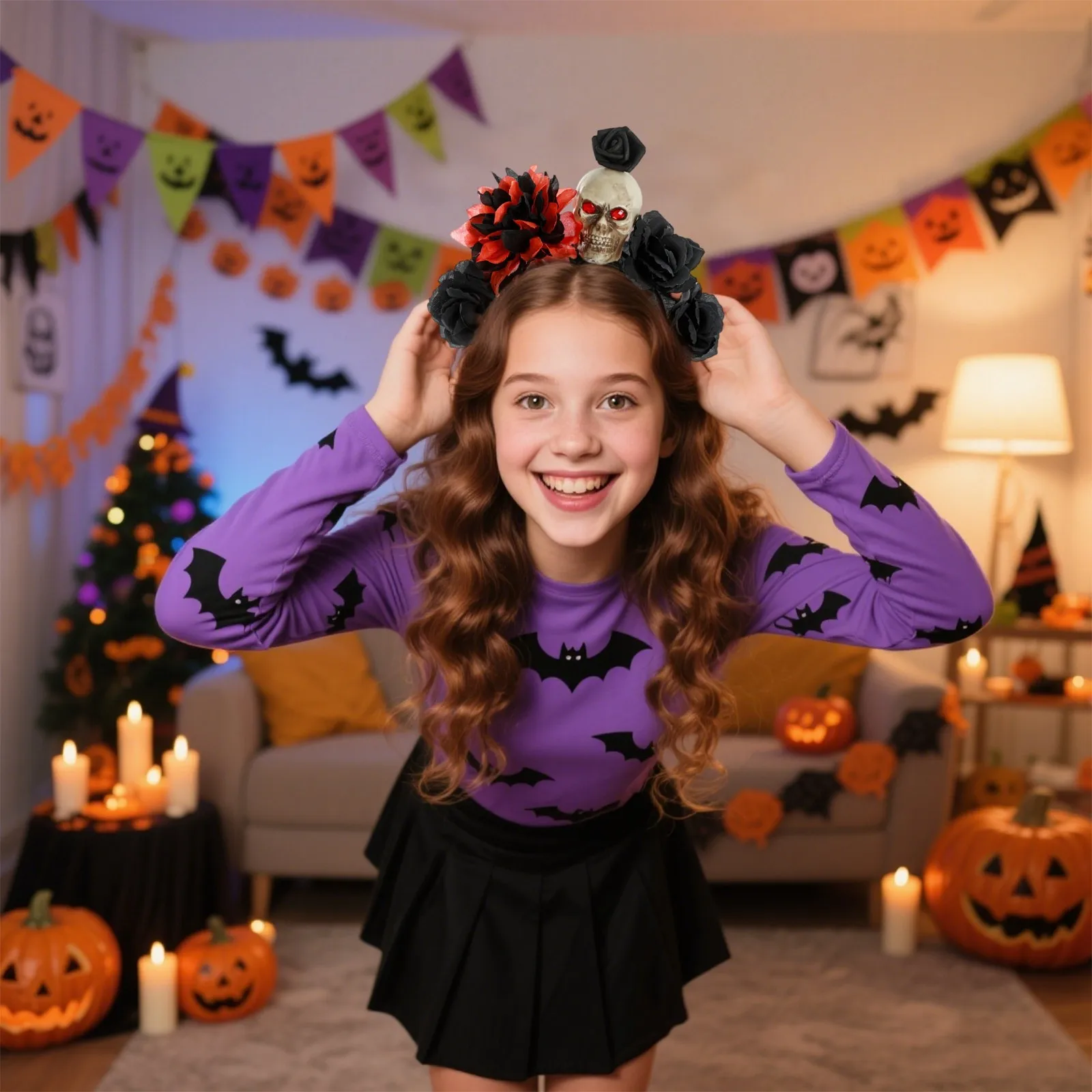

Halloween Simulated Rose Flower Skull Headband Decorations,Day of the Dead Halloween Funny Party Hair Hoop Hair Accessories
