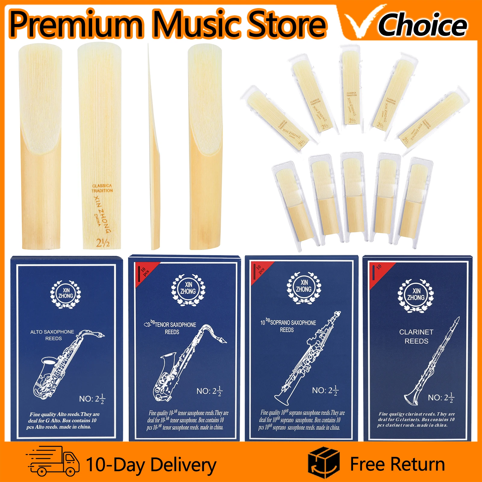 10Pcs Saxophone Reeds Strength 2.5 Bb Individual Packing Clarinet Reed Woodwind Instrument Accessories Medium Hardness Reed