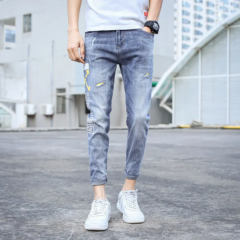 Zomer 2022 Koreaanse Tieners Stretch Slim-Fit Jeans Mannen \ 'S Ripped Casual Lichtgekleurde Merk Enkellange broek