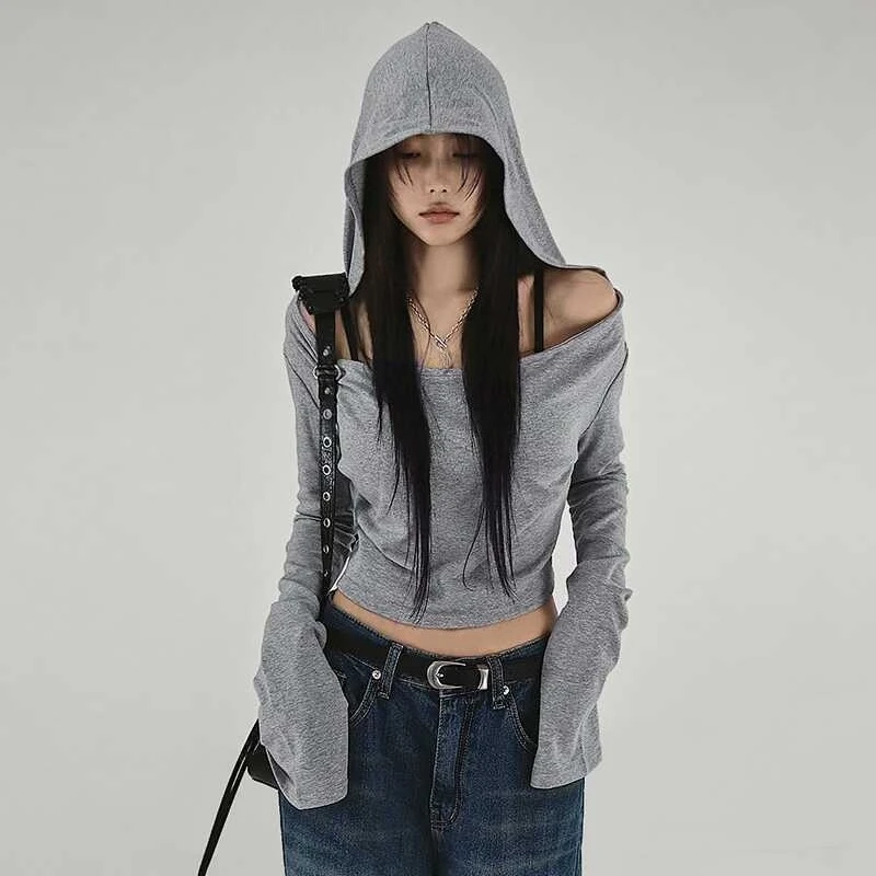 Y2K Punk T-shirt Vintage Long Sleeve Casual Women American 2000s Subculture Gothic Hooded Clothing Japanese Vintage Pullover
