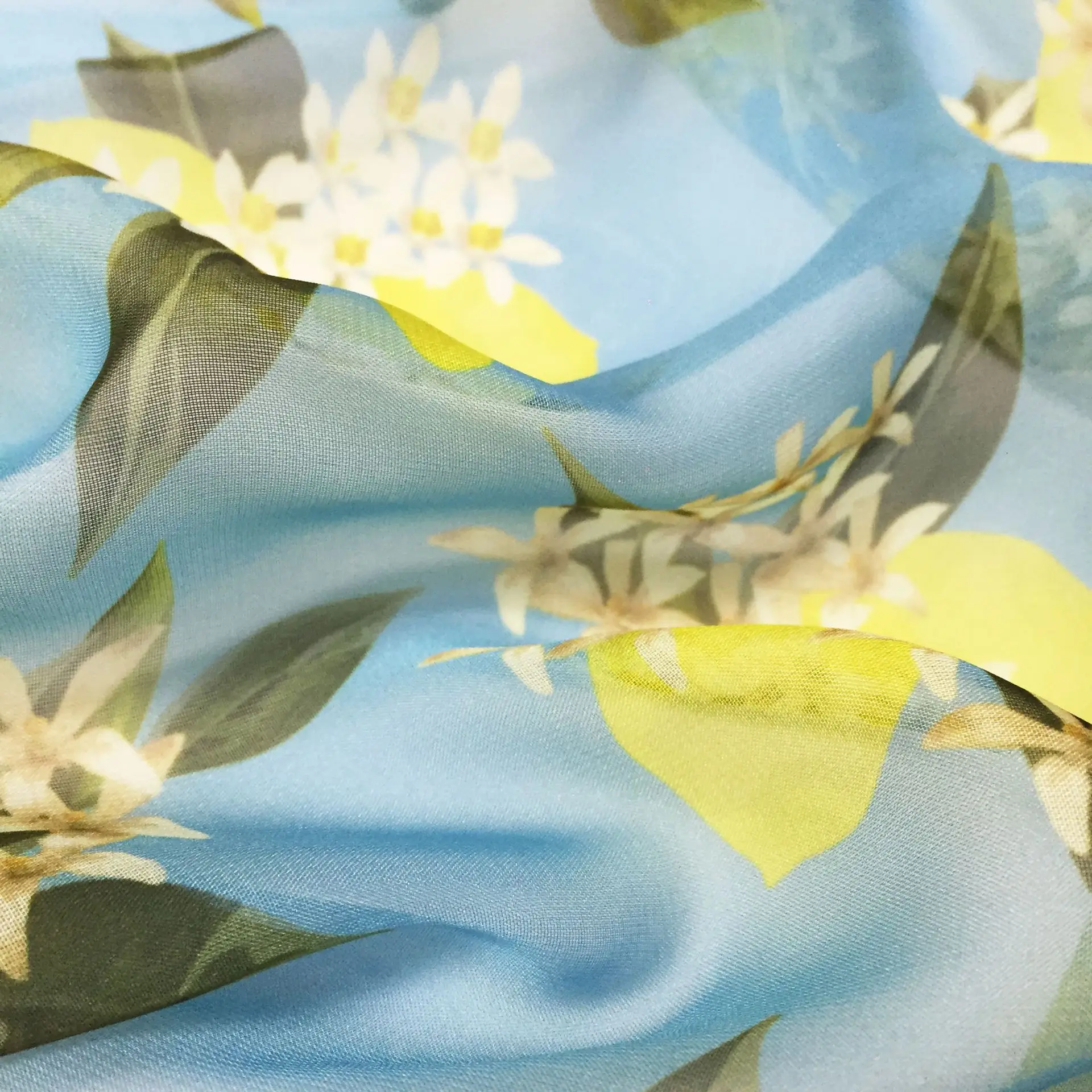 Spring and summer European and American brands hand-painted lemon flower-shaped thin material digital printing handmade fabric