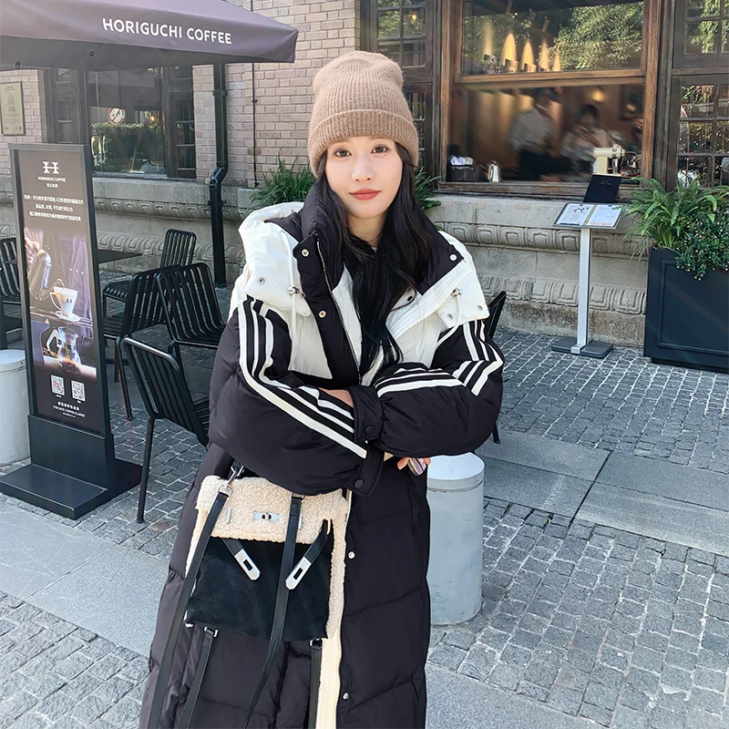 Splicing Women Jacket Warm Coats Down Long Striped Collision Parka Korean Fashion Casual Down Jacket Thick Loose Puffer Coats