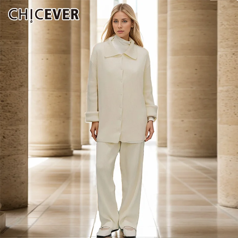 

CHICEVER повседневные однотонные вязаные костюмы для женщин с отложным воротником с длинным рукавом сращенный Топ на пуговицах с высокой талией широкие брюки женские комплекты
