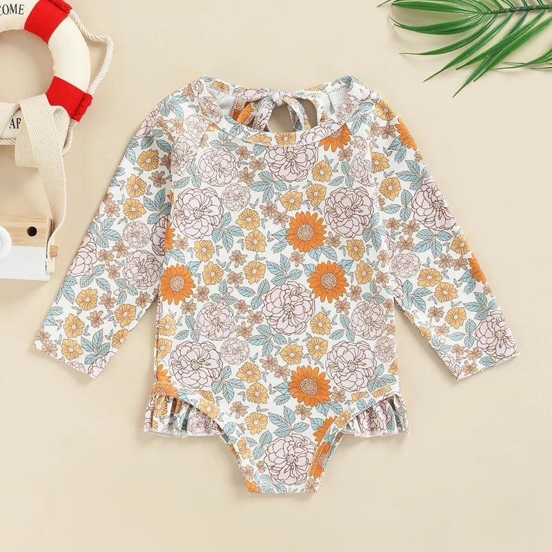 Tregren 1-6Y Kids Girls Swimsuit Heart Flower Print Long Sleeve Bathing Suit Spring Fall Winter Hot Spring Swimwear Beachwear