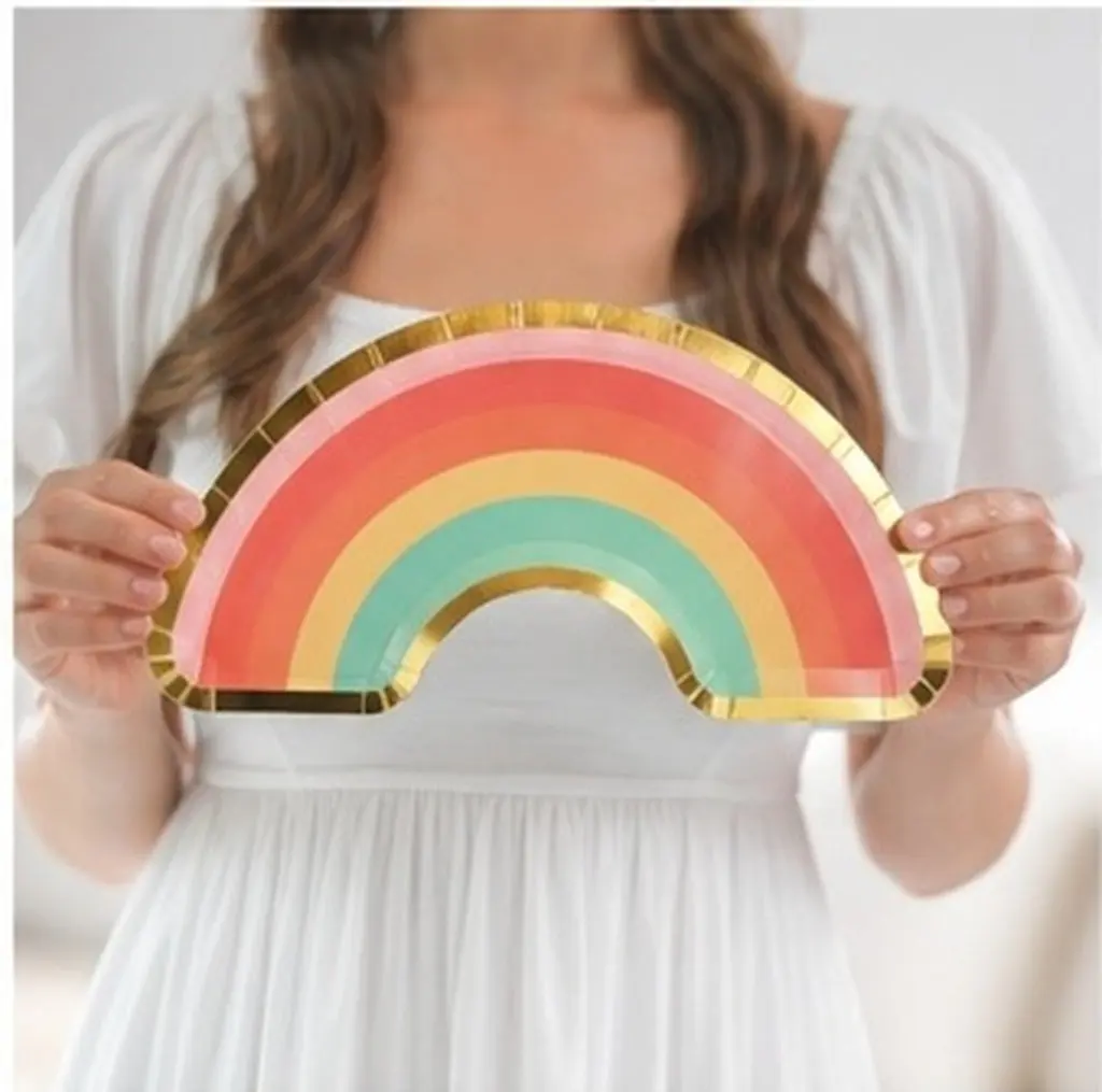 Rainbow Paper Plates 16 Piece White Cardboard Disposable Tableware for Wedding Birthday Baby Shower Tea Party