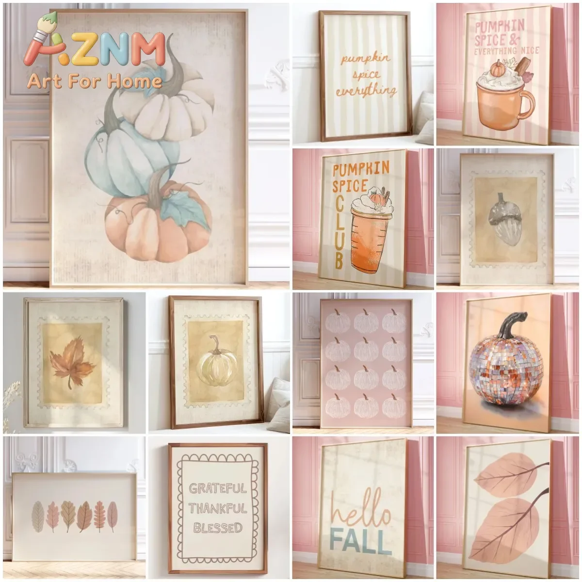 1 Stück rahmenloses Wandbild mit Kürbis- und Gewürzdruck, gemütliche Herbstküchen-Wanddekoration, neutrale Herbstdekoration, niedliches Retro-Küchen-Poster, bedruckbar, für Kaffeebars