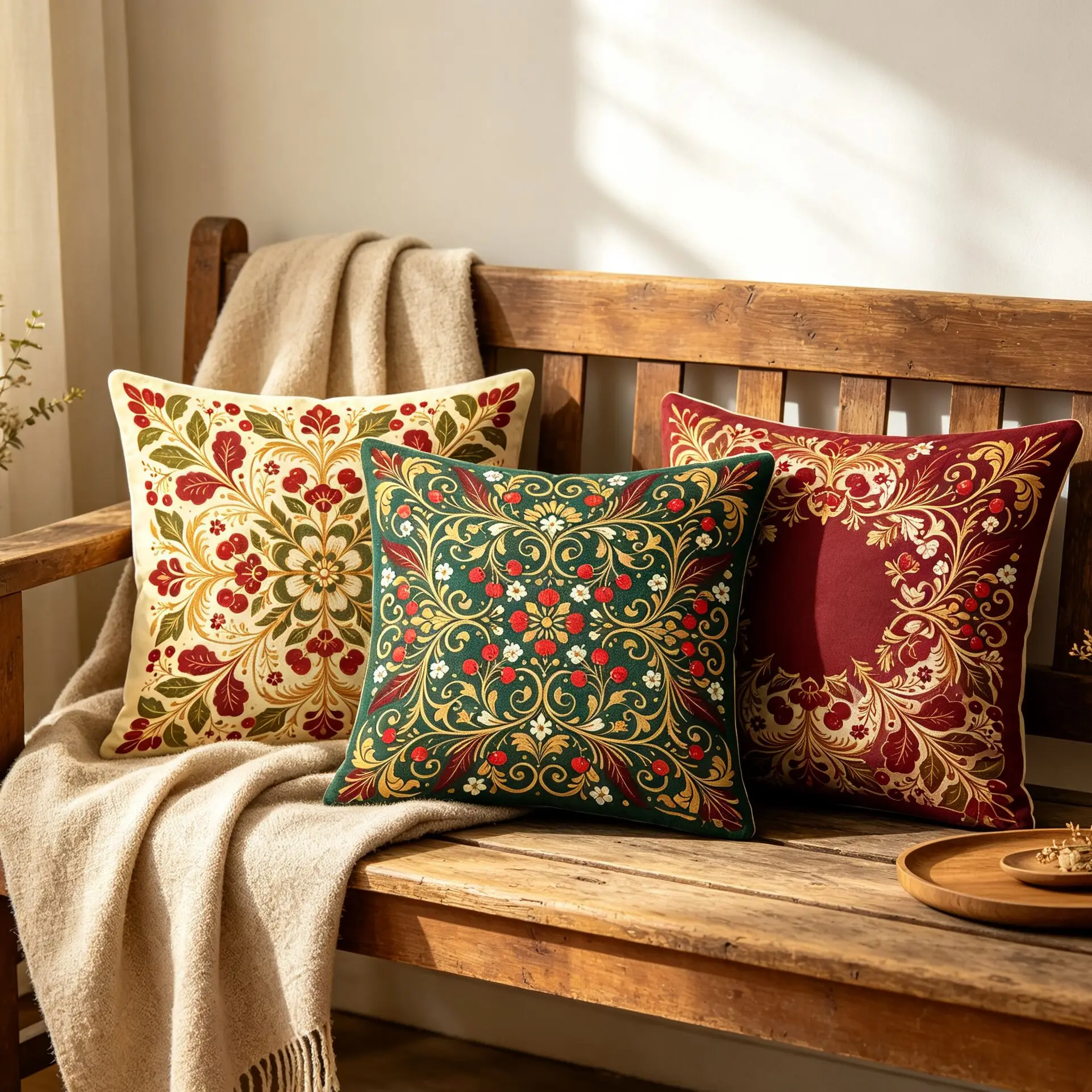 Image of Russische Khokhloma-Folklore-Blumenmuster-Kissenbezüge, Vintage-Ethno-Beeren-Blumen-Kissenhüllen für Sofa, Bauernhaus-Heimdekoration