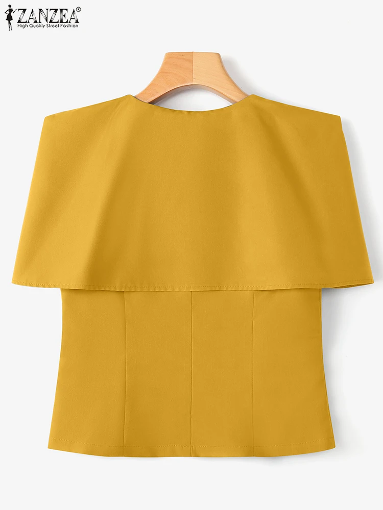 ZANZEA Elegant Office Lady เสื้อผู้หญิงผ้าคลุมไหล่สไตล์ 2025 แฟชั่น O-คอสีทึบเสื้อแขนสั้นสบายๆฤดูร้อน Blusas