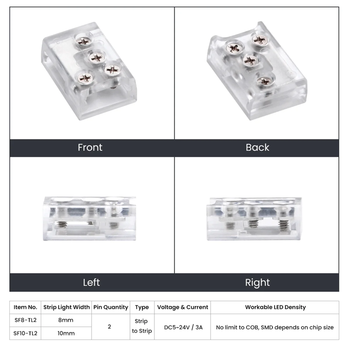 10pc LED Corner Connector with Screw Fixing 24V/5A 2P 8mm L T Connector for LED Strip Single Color COB IP20