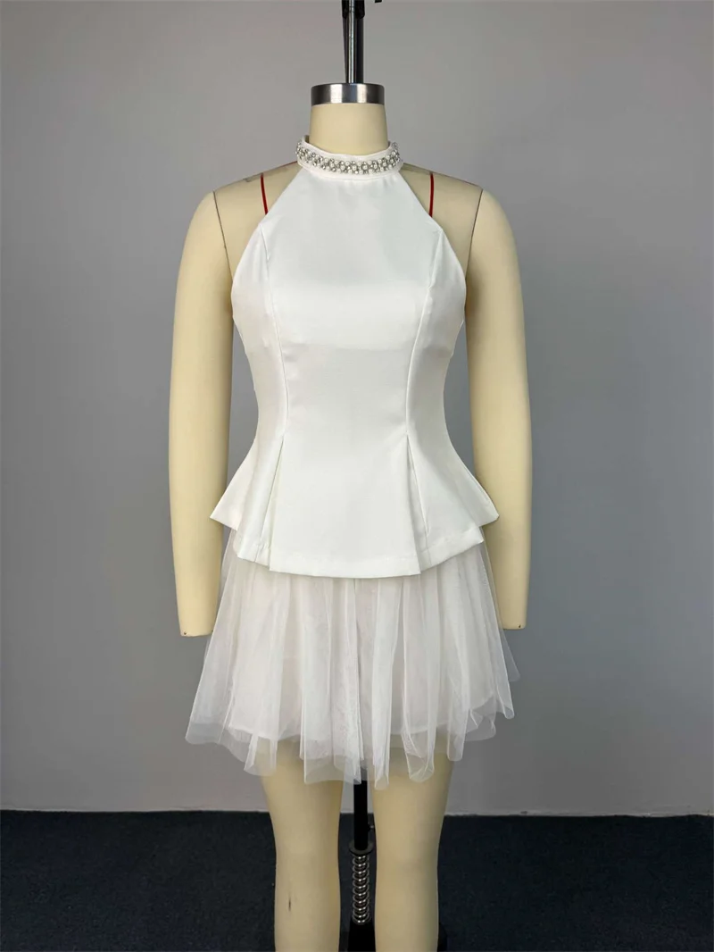 Doyerl White Birthday Outfit for Woman 2 Piece Set Party Club Wear Pearls Stand Collar Top and Mini Skirt Matching Sets Elegant