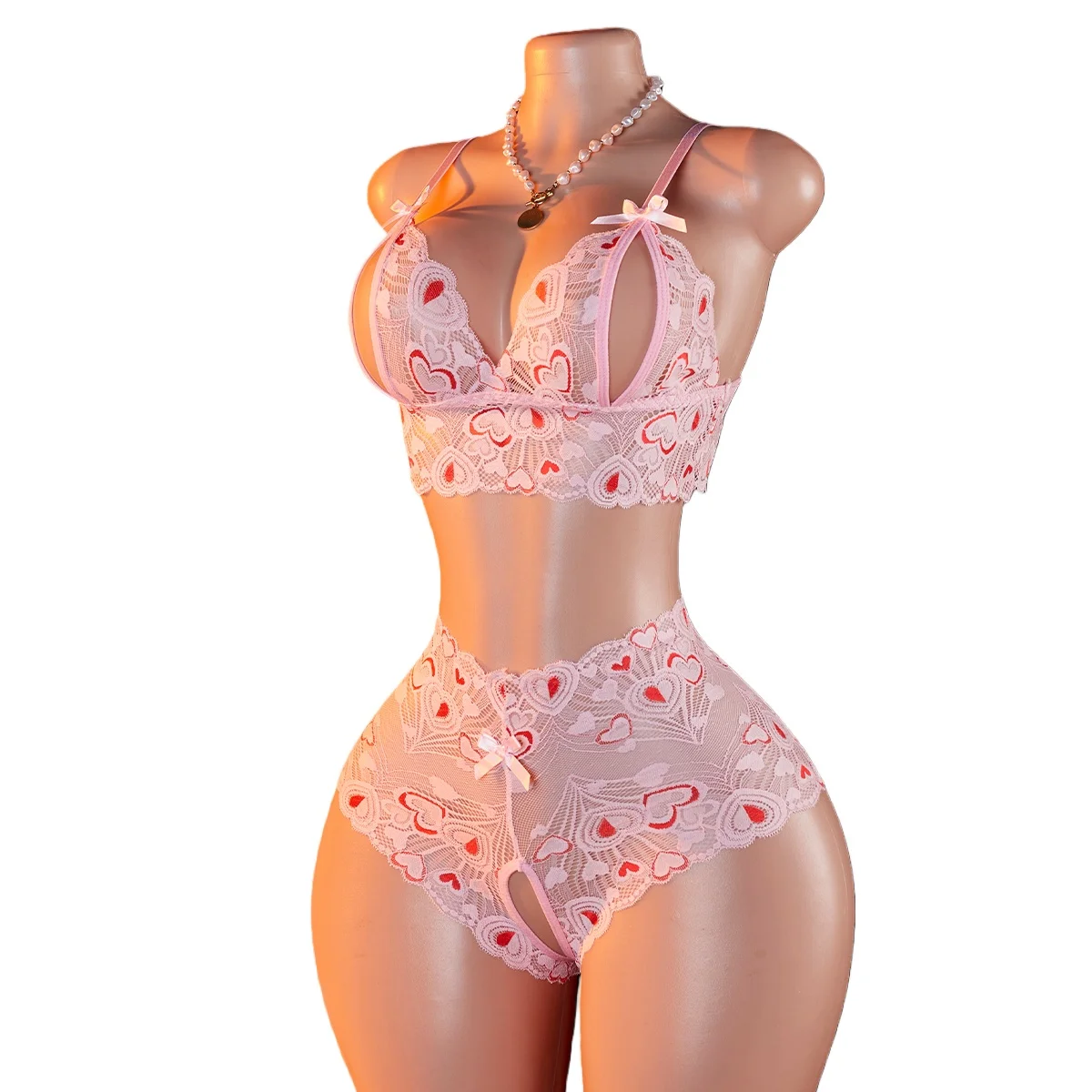 

Сексуальный розовый комплект нижнего белья с принтом губ и сердечек: прозрачное сетчатое боди с открытой промежностью и стринги, эротический комплект из 2 предметов, 2025