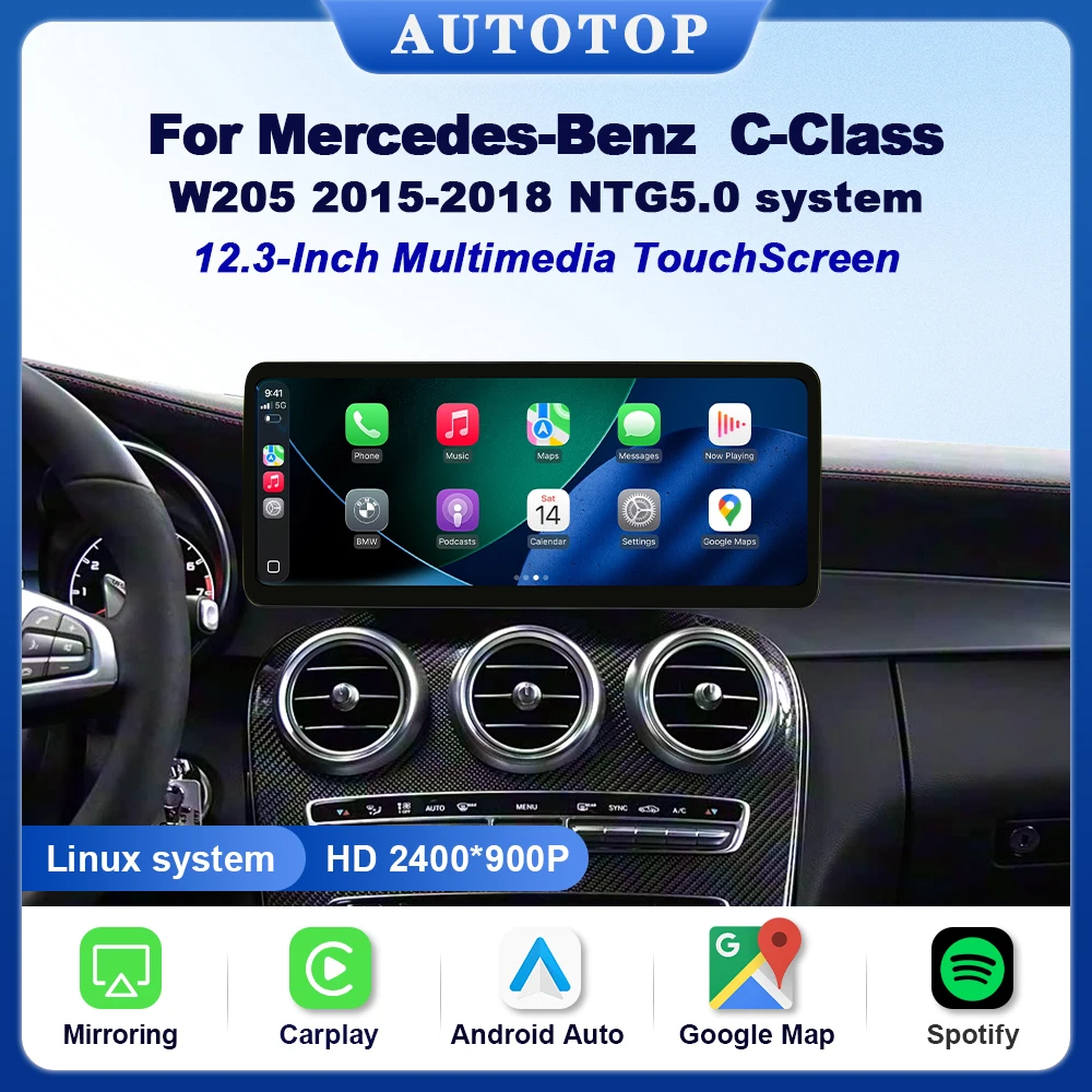 Autoradio multimediale Linux da 12,3 pollici 2400*900P con CarPlay wireless per Mercedes Benz nuova Classe C/GLC/V W205 W253 V447, con Android Auto.