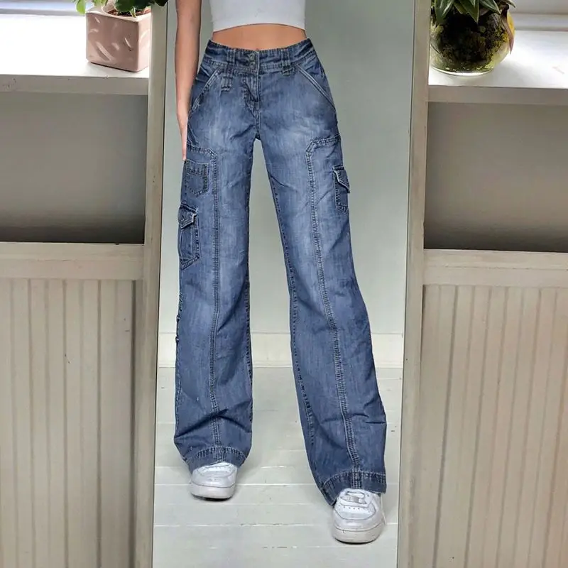 Jeans Zakken Hoge Taille Casual Strakke Damesstreetwear Vintage Distressed Blue Denim Broek Chique Cargo Jeans Y 2K