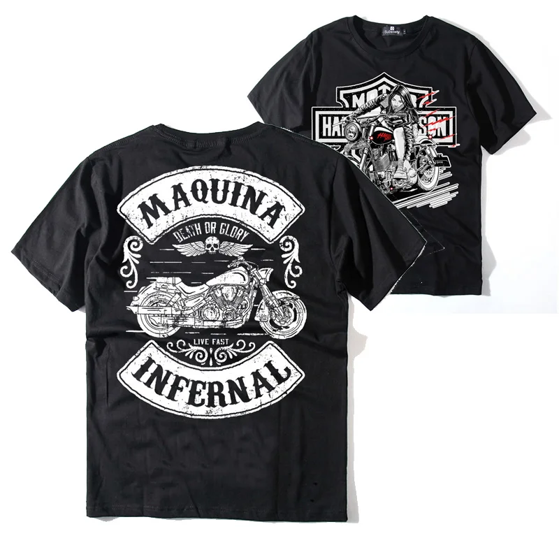 

Мотоцикл Мотоцикл Тяжелый с короткими рукавами Мужской Рок Ретро Хлопок Крутой парень Мотоцикл Ami Хаки Принт