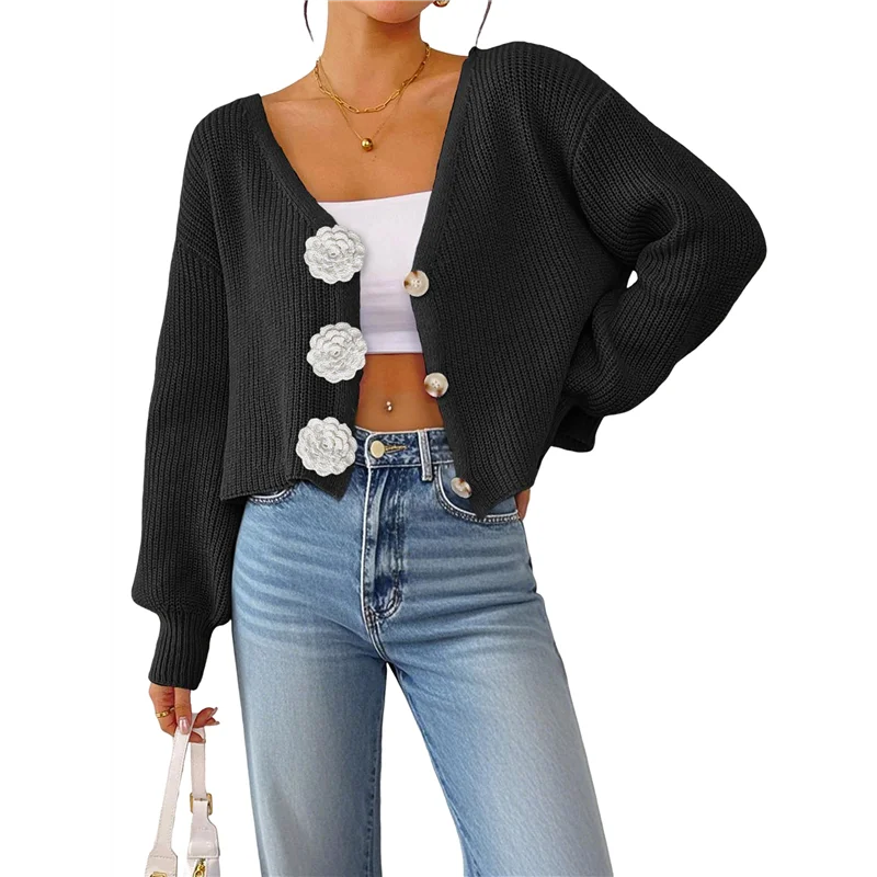 

【SURPRISE】Chic 3D Flower Crop Cardigan Sweaters For Female Fall Loose Open Front Long Sleeve Knitted Cozy Outerwear