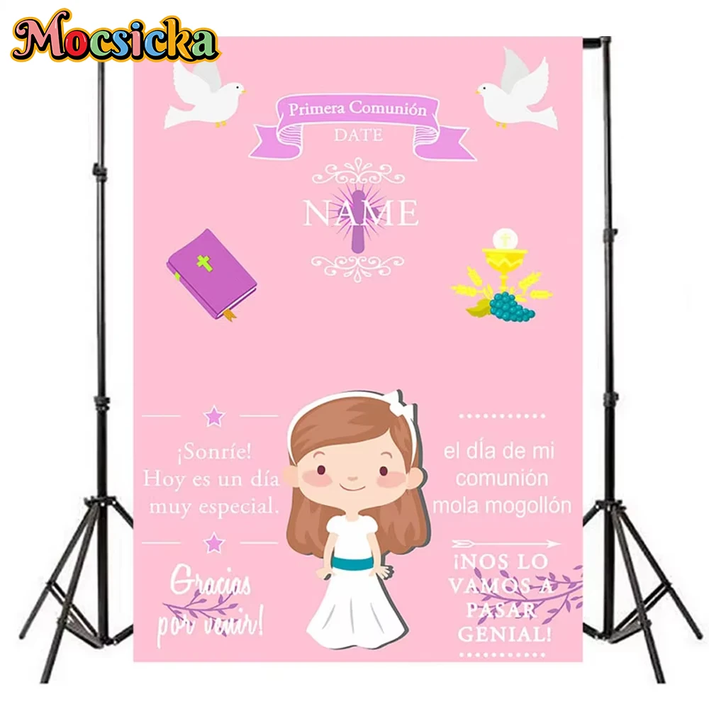

Mocsicka Girl Communion Custom Name Backgrounds Photography Baby Shower Baptism Backdrops Peace Dove Pink Decorations Photocall