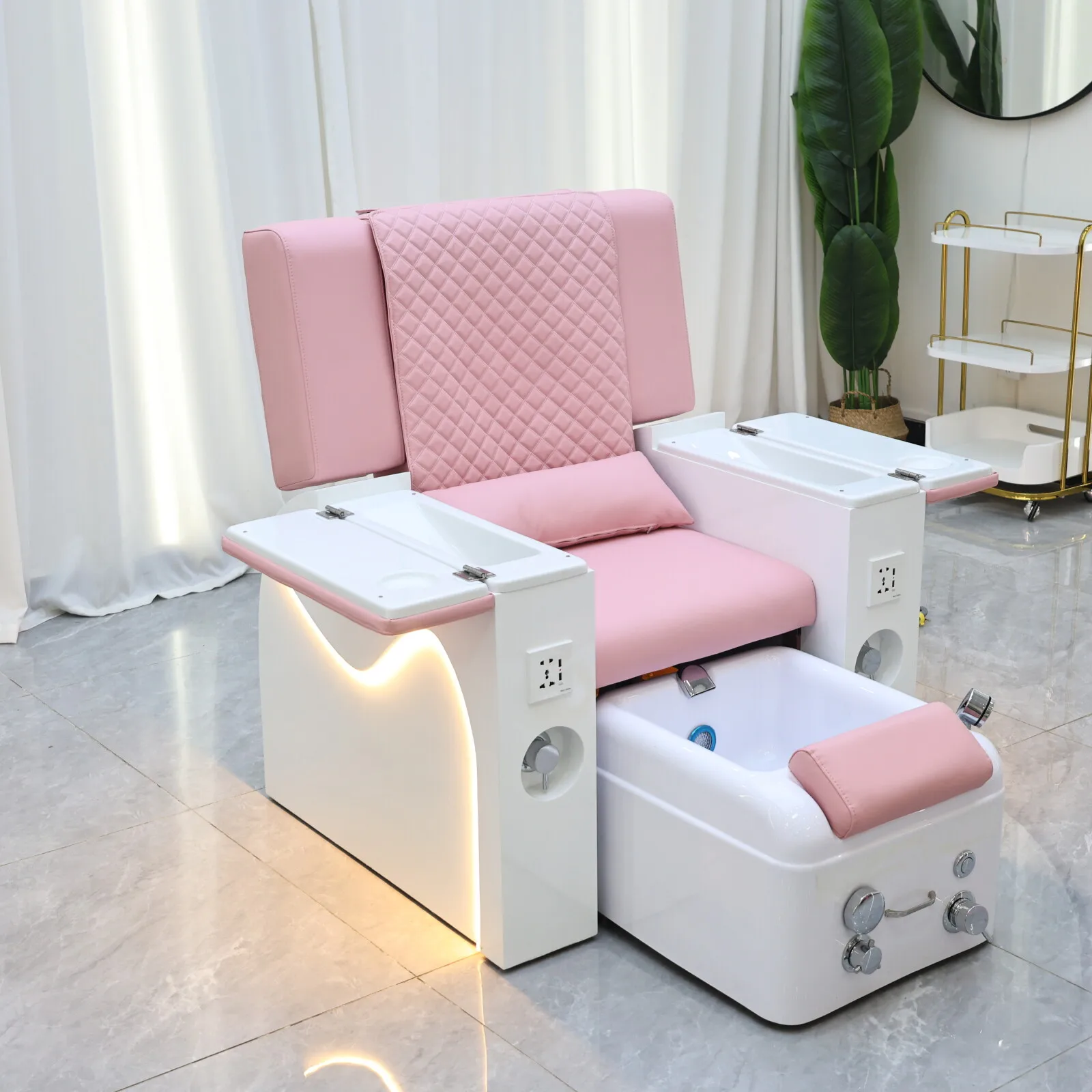 Pink Spa Pedicure Chair Water Circulation LED Light Movable Foot Massage Chair with Wheels Salon