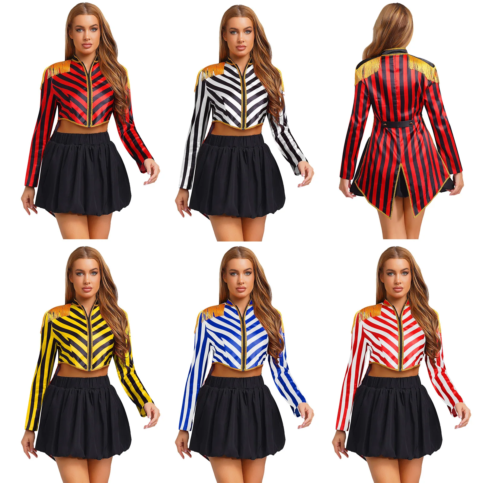 

Women Long Sleeve Zipper Striped Circus Ringmaster Tailcoat Jacket Halloween Carnival Theme Party Magician Clown Cosplay Costume