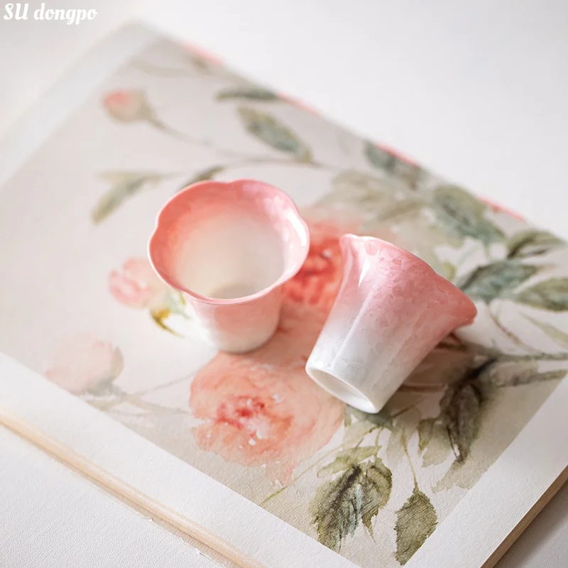 

Blushing Petal Tea Cups – Crystalline Glaze Gradient Pink & White – Mini Flower Rim Ceramic Cups for Kung Fu Tea Ceremony