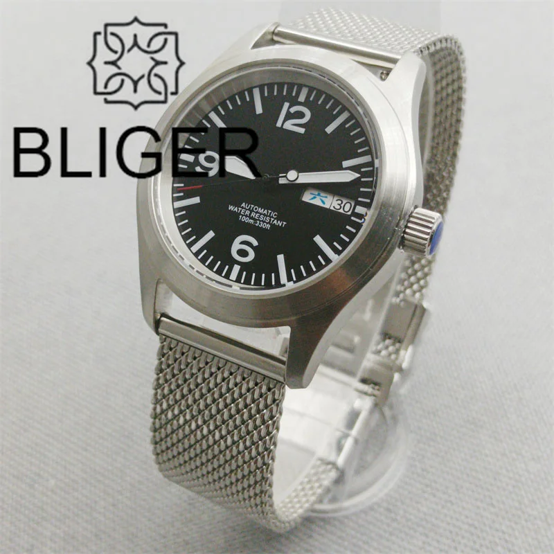 BLIGER 36mm39mm Pilot Watch For Men Brushed Bezel Black Dial With Green Luminous Mesh Strap Jubilee Bracelet Sapphire Glass NH35