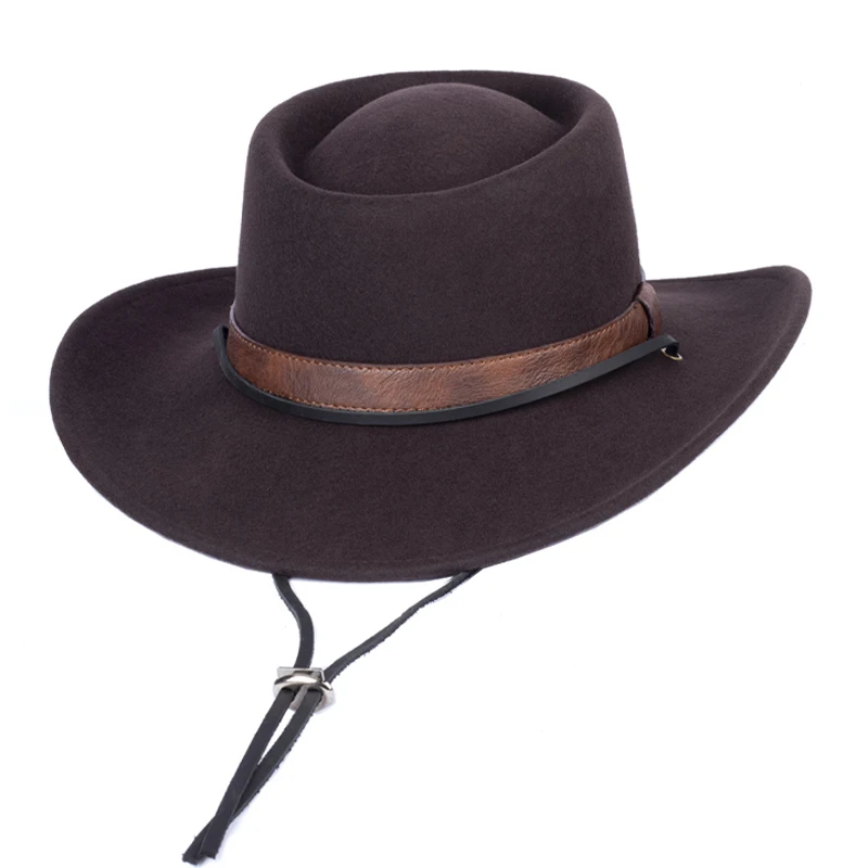 Women Men Classic Felt Fedora Hat Wide Brim Flat Top Boater Hat ,Black Coffee Color Adjustable American Western Cowboy Hats