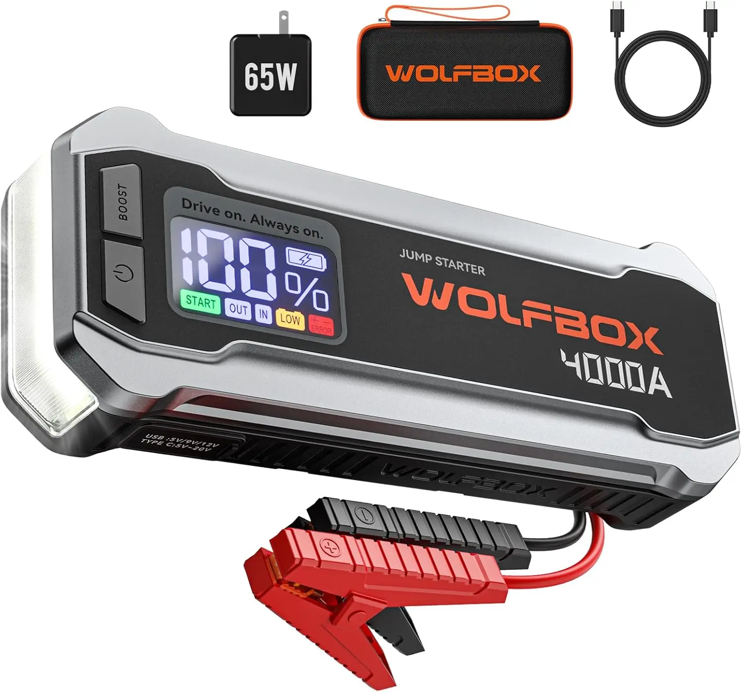 

4000A Jump Starter, 12V Car Battery Booster with 65W Quick Charger, LED Display, 88.8Wh Portable Power Pack for 10L Gas/10L Diesel Engines, with LED Light & Jumper Cables