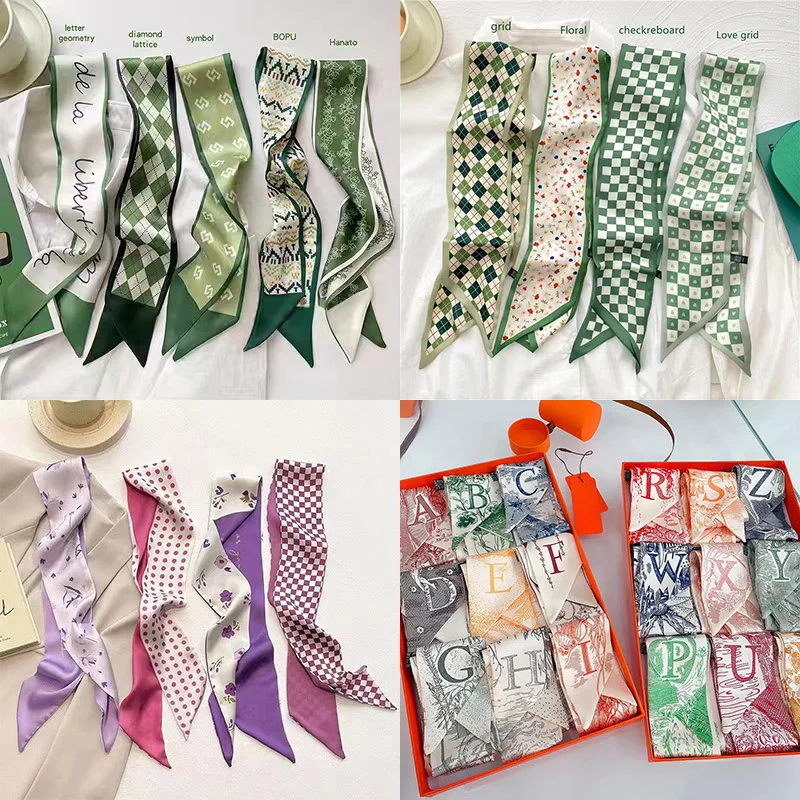 

Модный узкий шелковый шарф для женщин, ленты для волос с буквами, шарф, длинный шелковый шарф, повязка для волос, женский универсальный двусторонний стример