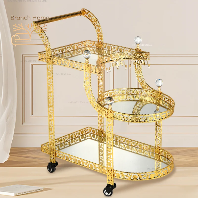 Hotel Dining Cart Metal Handcart Party 3-layer Golden Wedding Dining Liquor Trolley