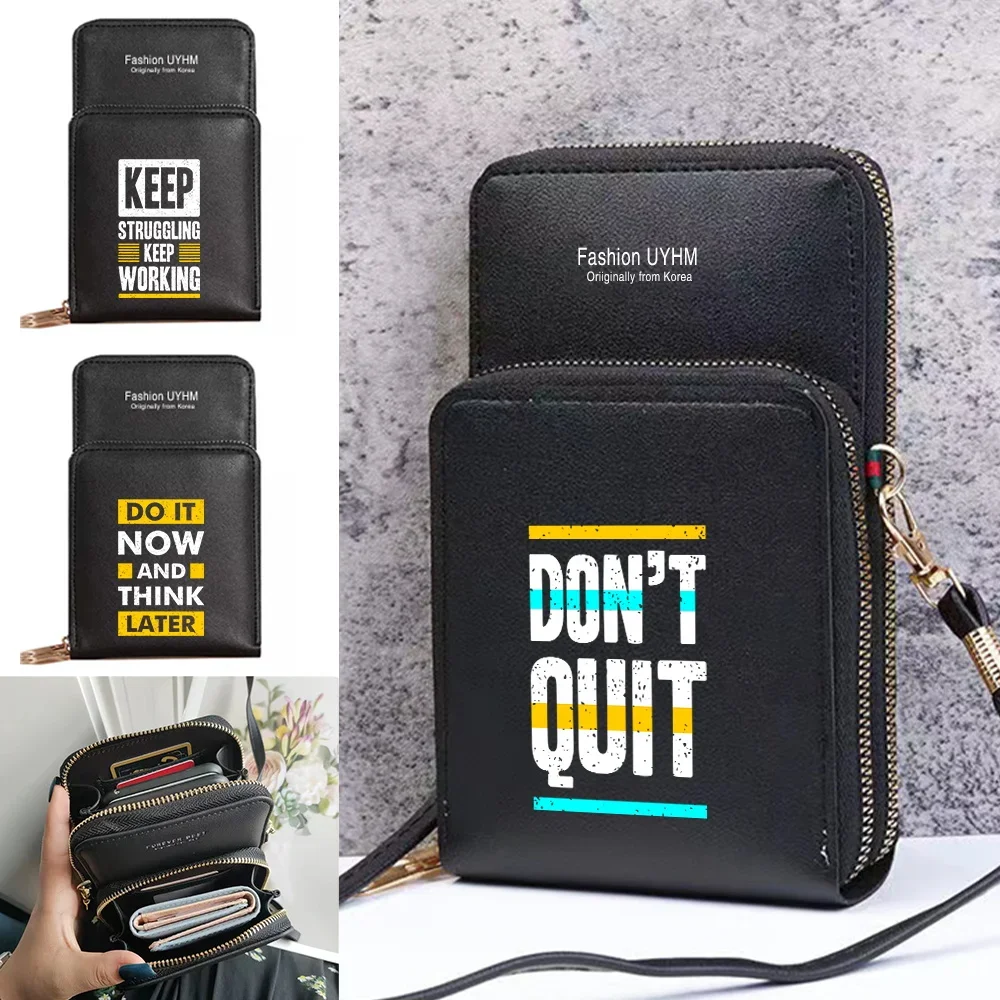 Touch Screen Universal For IPhone/Huawei/LG Mobile Phone Bag Women Crossbody Shoulder Bags PU Leather Purse Handbag Phrase Print