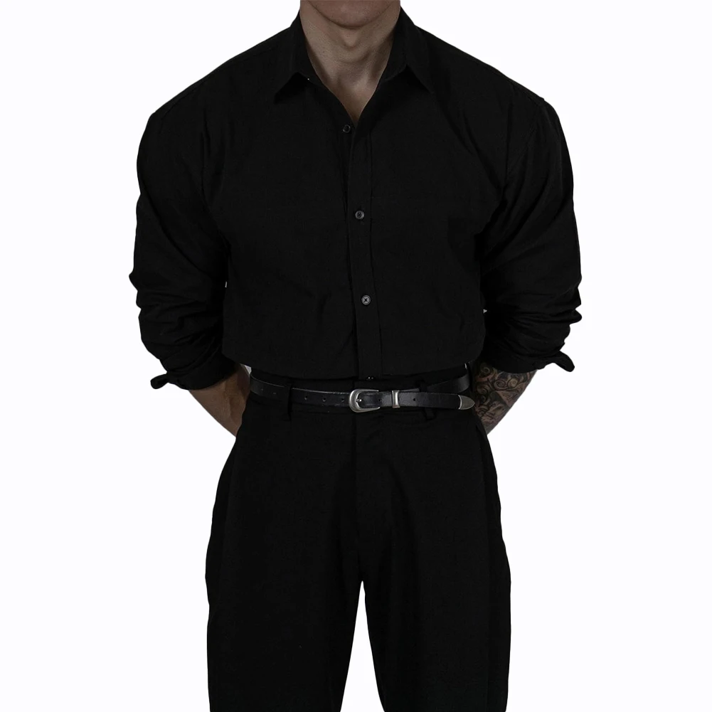 เสื้อคอปกแขนยาวผู้ชายแนวสตรีทเสื้อติดกระดุมเสื้อปาร์ตี้ Baju otot