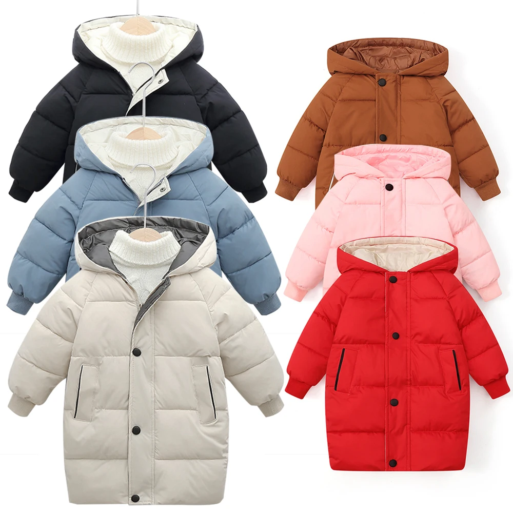 

Winter Hooded Down Jacket Children's Coat Outwear Mid-length Unisex Casual Fashion Korea Style Overalls Solid Loose Coat 2025