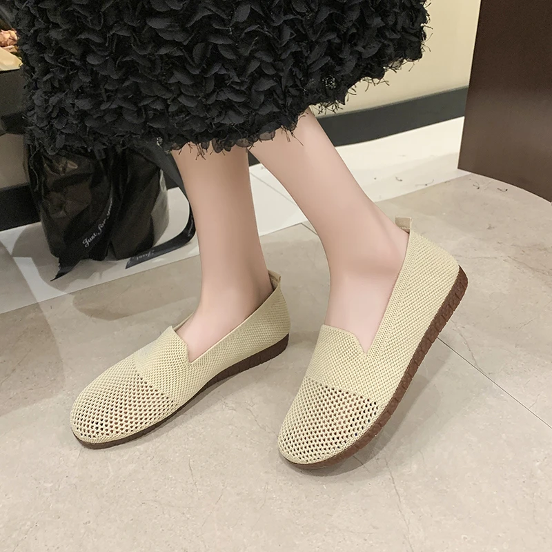 Holes Loafers Summer Casual Shoes Women Flat Heel Square Toe Hollow-out Sneakers Barefoot Shoes Moccasin Female Knitted Flats