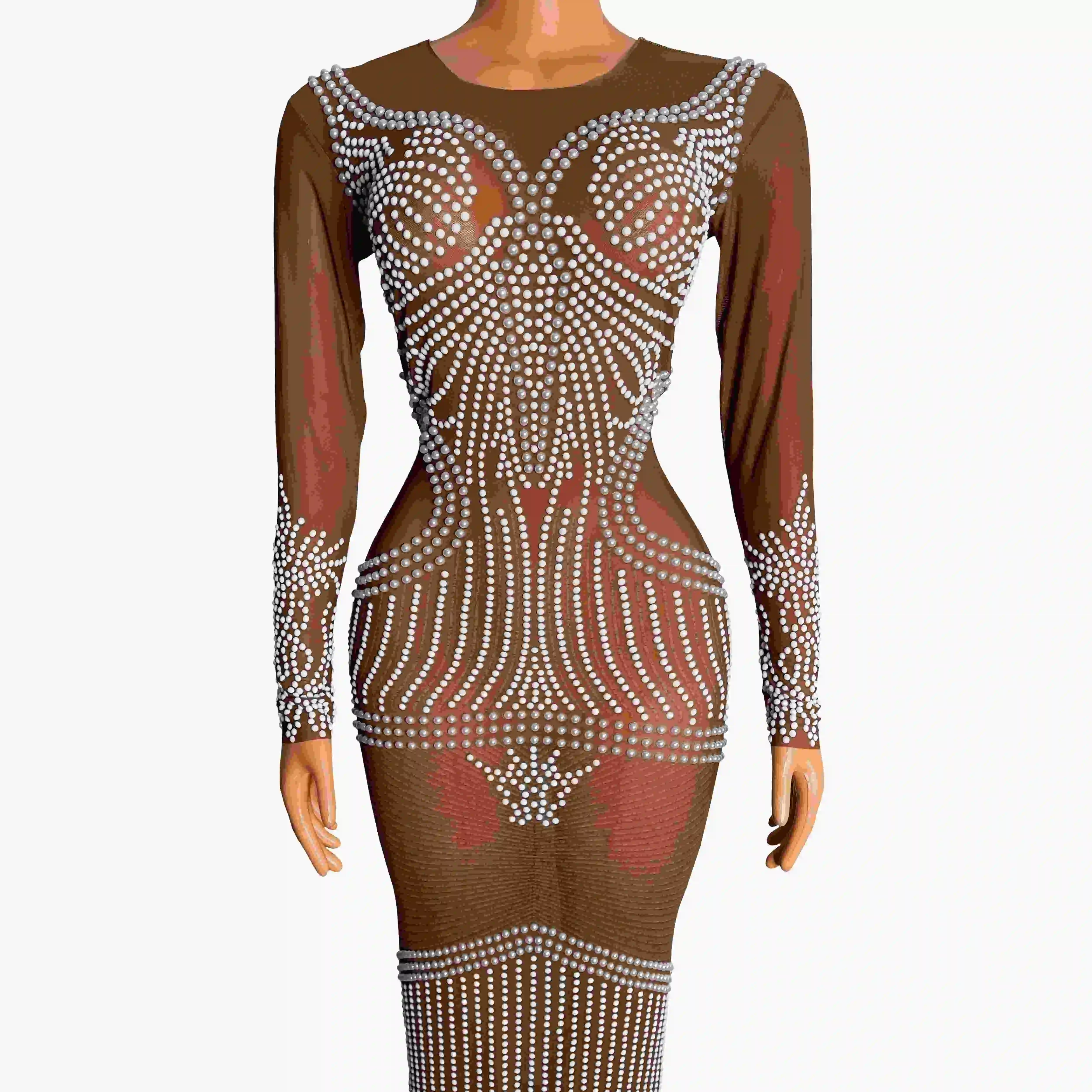 

Nightclub Dj Bar Female Singer Dress Sexy Mesh Pearl Dance Team Party GOGO Theme Show Dress Women Dancers Stage Dress DN19752