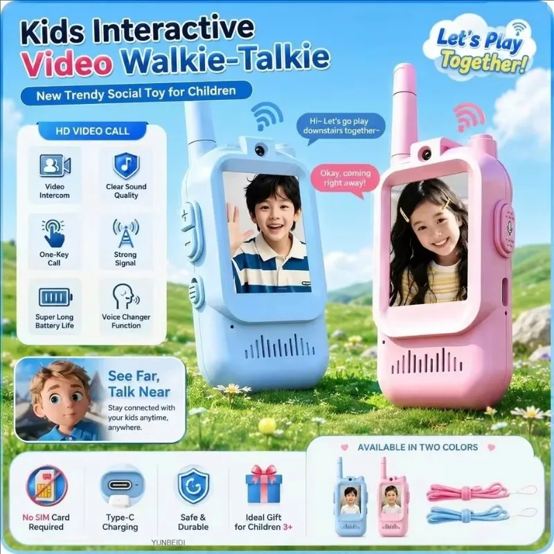 Video Walkie Talkies for Kids 2 Pack Rechargeable Intercom Walkie-talkie Cute 2 Inch Screen One-Click Call Child Video Intercom