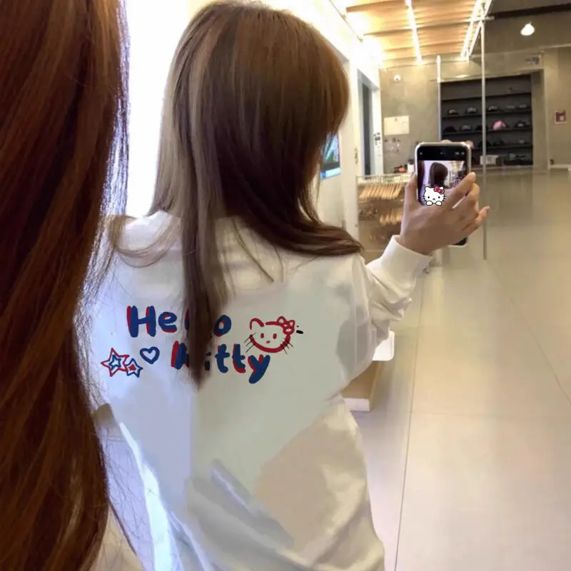 Детская хлопковая футболка с длинными рукавами и принтом Kawaii Anime Kitty Cat Anime Miniso, милая женская повседневная свободная толстовка с капюшоном, игрушки