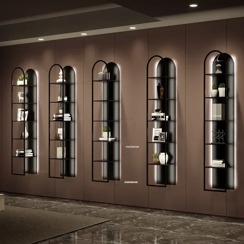 Muebles de Bar, estante de almacenamiento de hierro nórdico para vino, gabinetes de vino montados en la pared con luz, estante de exhibición para el hogar, estantería multicapa N