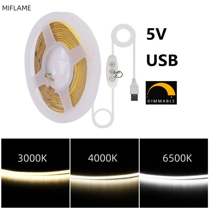 Imagem -02 - Usb Cob Led Strip Lights para Smart tv Backlight Fita Flexível Rosa Verde Branco Carro Computador Decoração do Quarto Regulável 5v