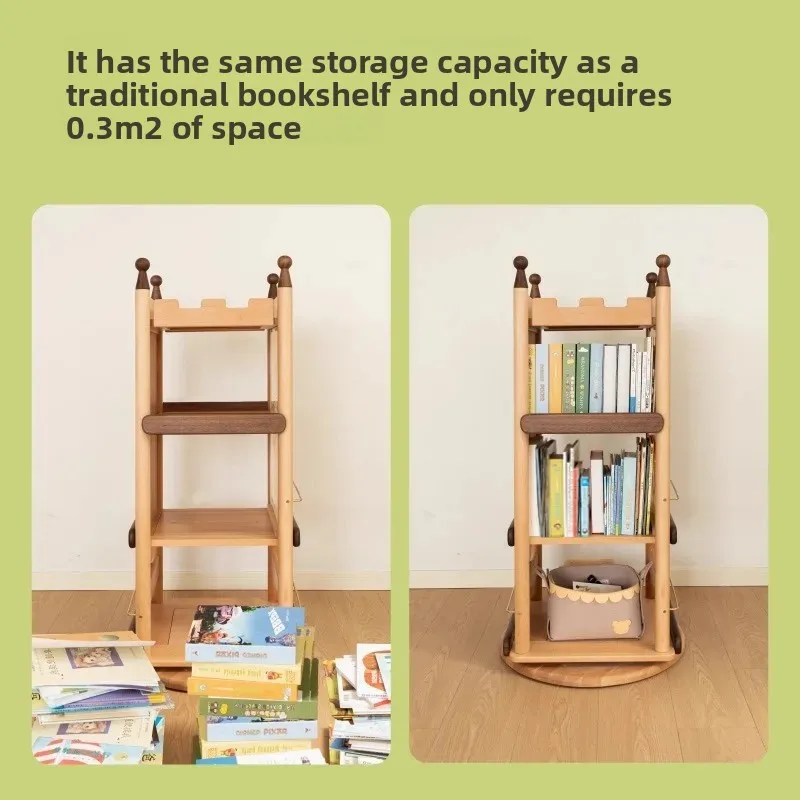 All solid wood  bookshelf 360-degree rotating picture book rack with drawing board hole board DIY storage rack