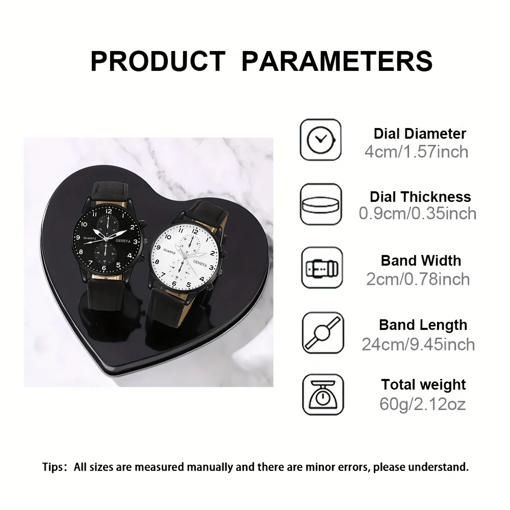 2 Pieces Couple Fashion Quartz Watches - Black and White PU Leather Strap, Perfect for Anniversaries, and Romantic Occasions