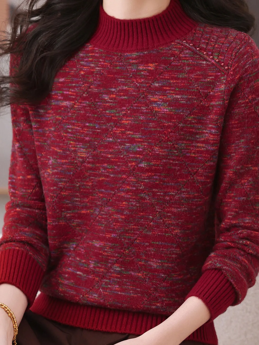 

2025 New f High Ne Knitted Base irt Women's Faionable Large Size Autumn Winter Red Sweater Korean Sle Reg...