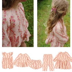 KS Girls Pink Flowers Tops Shorts long-sleeved Dress Spring Summer Kids Clothes Girls
